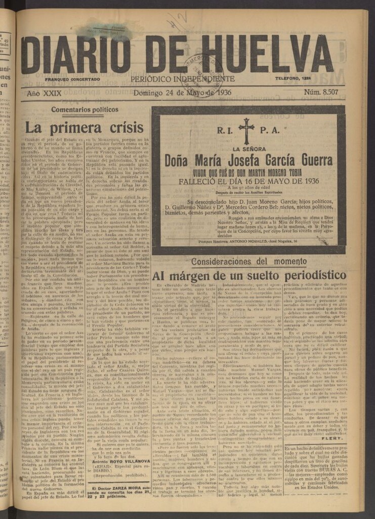 Miniatura de Diario de Huelva : periódico independiente del 24 de mayo de 1936