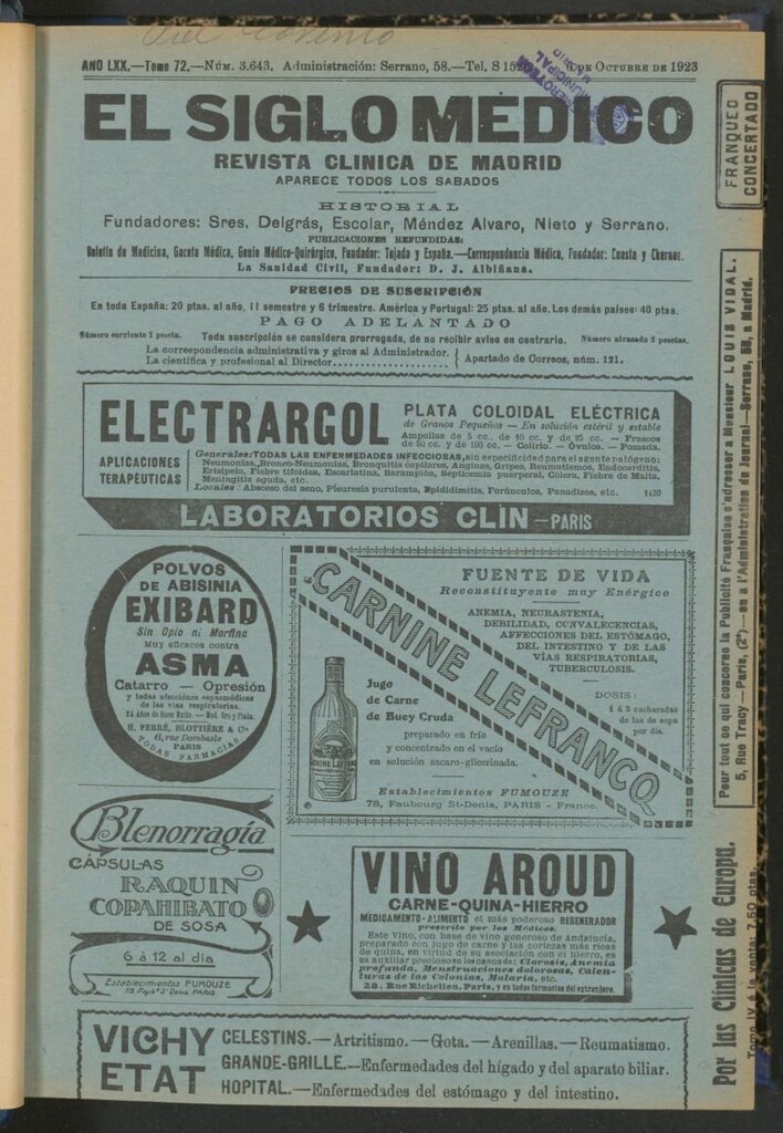 Miniatura de El Siglo Médico: boletín de medicina y gaceta médica del 6 de octubre de 1923