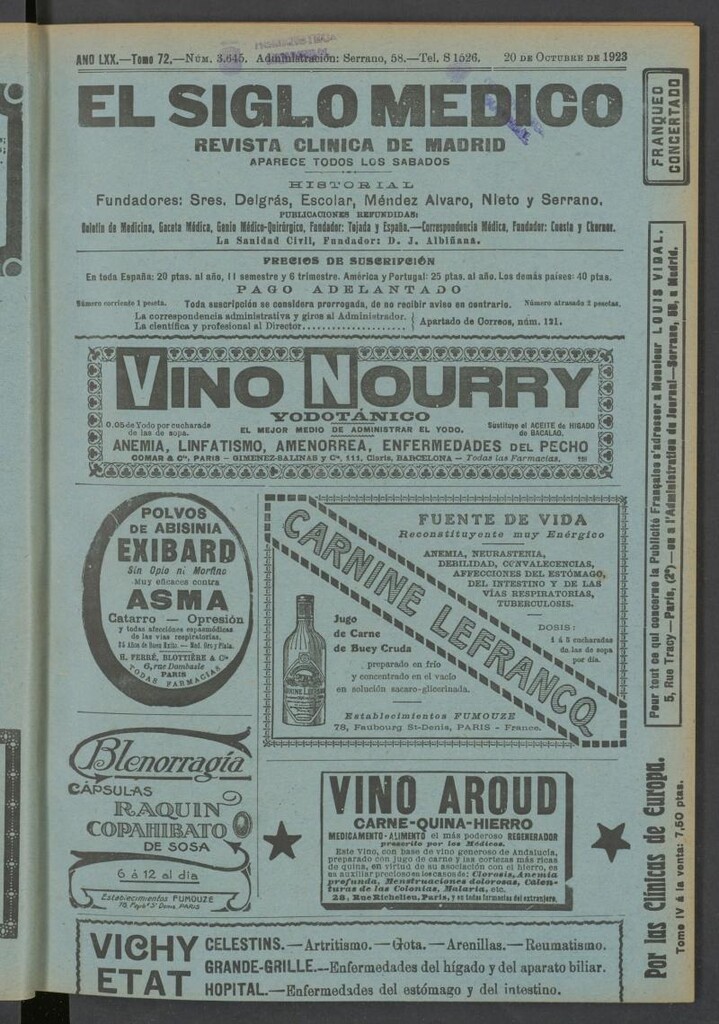 Miniatura de El Siglo Médico: boletín de medicina y gaceta médica del 20 de octubre de 1923