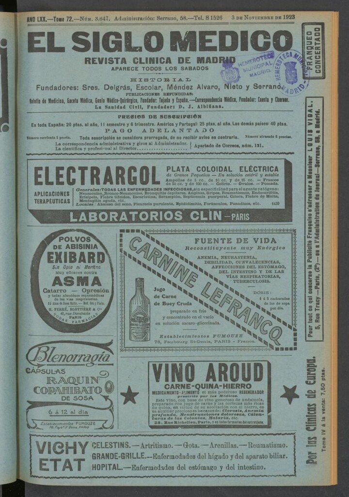 Miniatura de El Siglo Médico: boletín de medicina y gaceta médica del 3 de noviembre de 1923