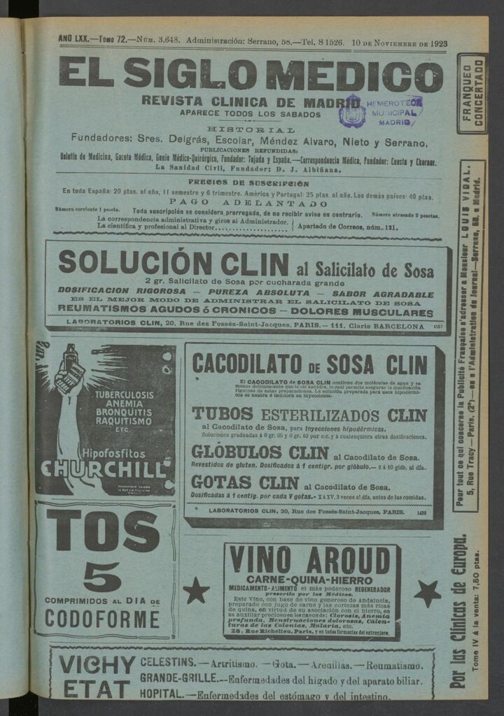Miniatura de El Siglo Médico: boletín de medicina y gaceta médica del 10 de noviembre de 1923