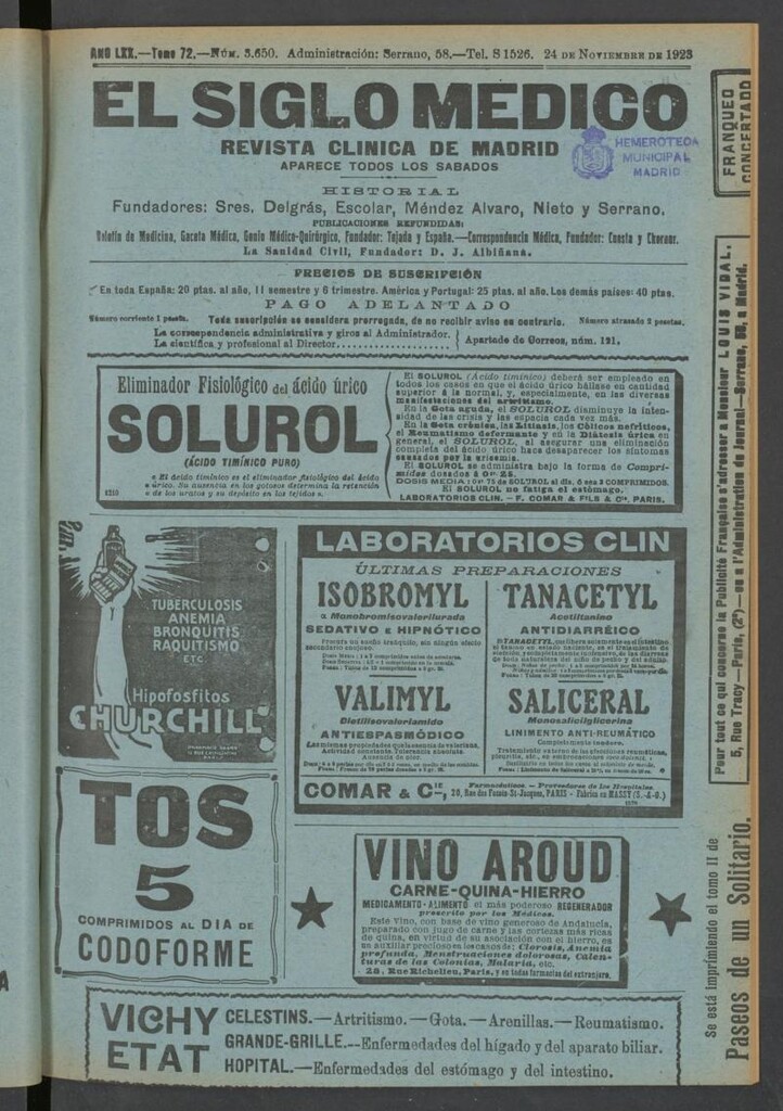 Miniatura de El Siglo Médico: boletín de medicina y gaceta médica del 24 de noviembre de 1923