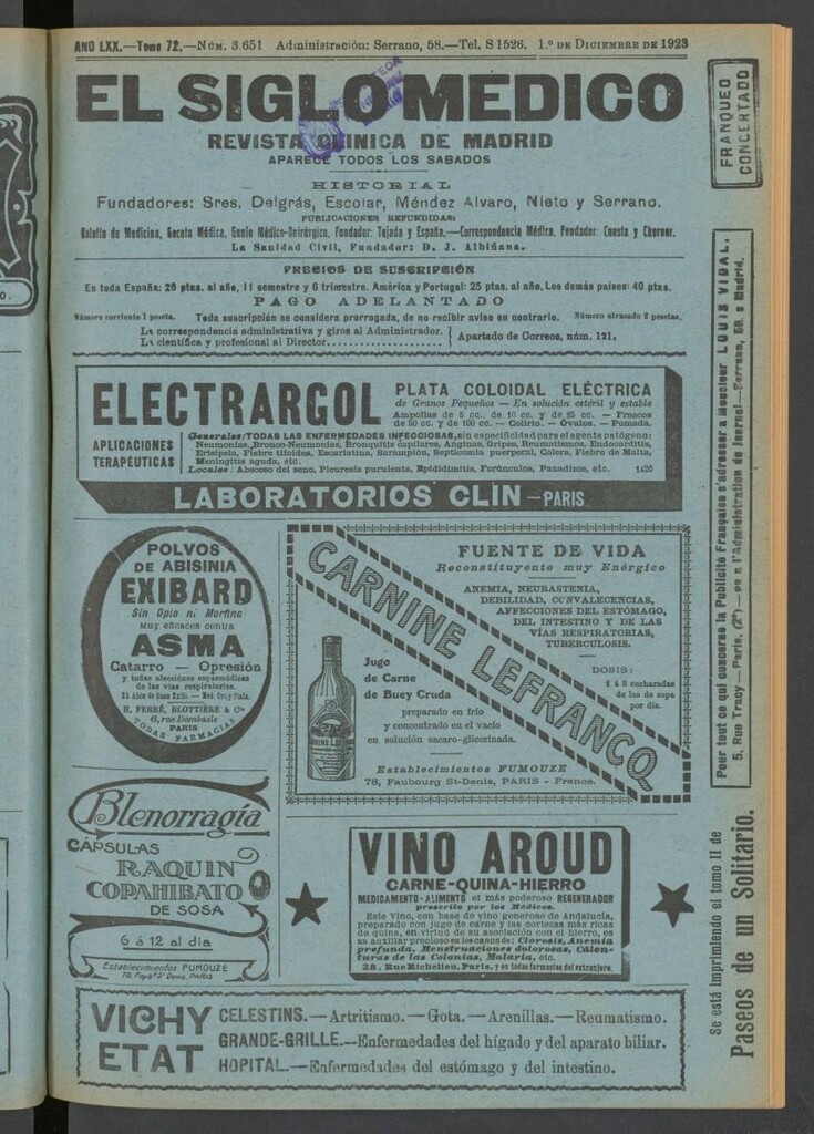 Miniatura de El Siglo Médico: boletín de medicina y gaceta médica del 1 de diciembre de 1923