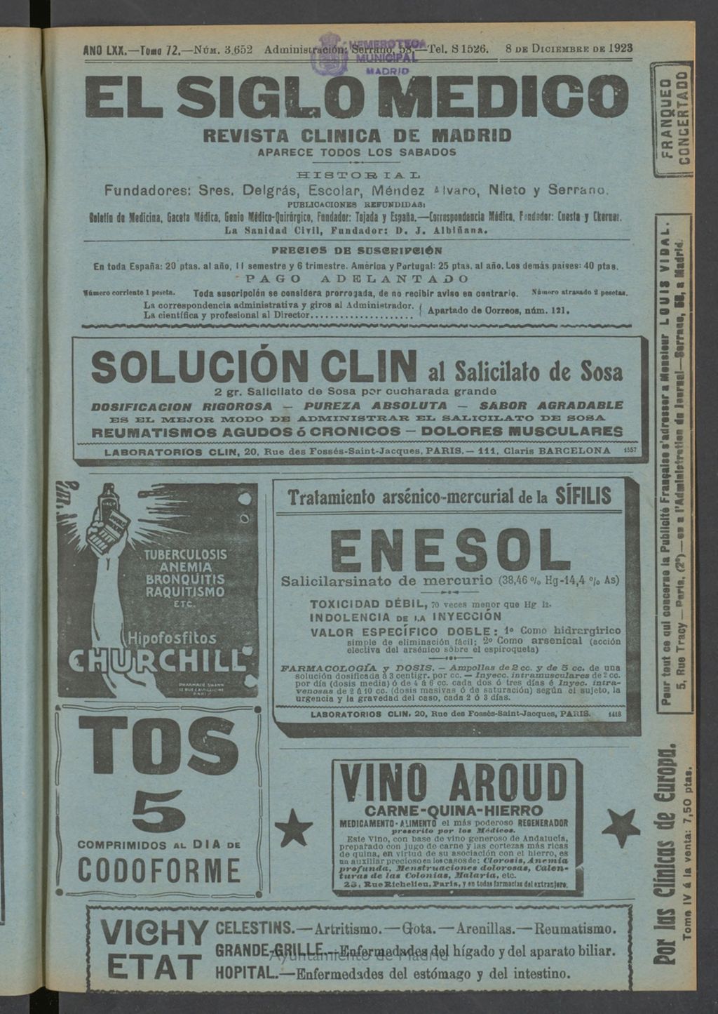 Miniatura de El Siglo Médico: boletín de medicina y gaceta médica del 8 de diciembre de 1923