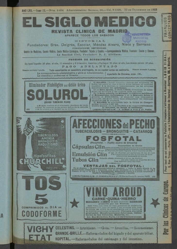 Miniatura de El Siglo Médico: boletín de medicina y gaceta médica del 22 de diciembre de 1923