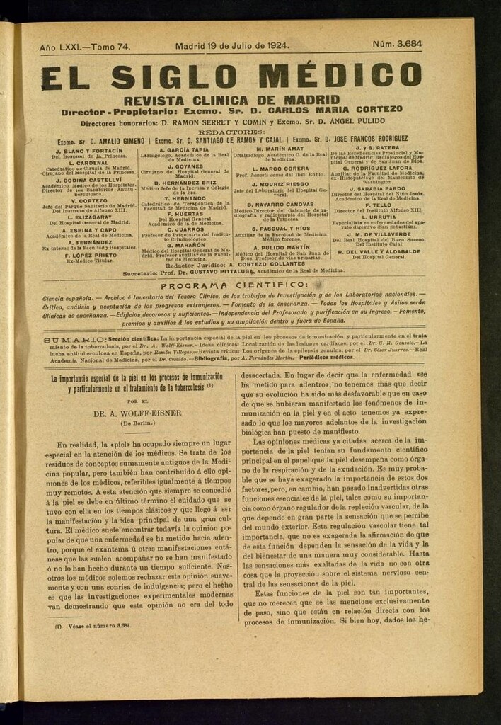 Miniatura de El Siglo Médico: boletín de medicina y gaceta médica del 19 de julio de 1924