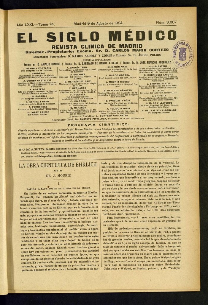 Miniatura de El Siglo Médico: boletín de medicina y gaceta médica del 9 de agosto de 1924