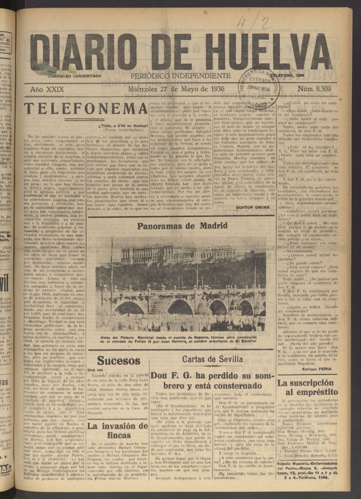 Miniatura de Diario de Huelva : periódico independiente del 27 de mayo de 1936