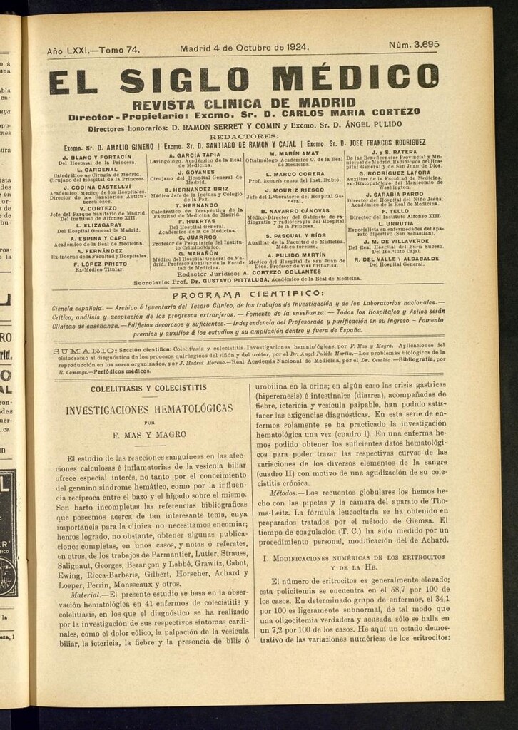 Miniatura de El Siglo Médico: boletín de medicina y gaceta médica del 4 de octubre de 1924