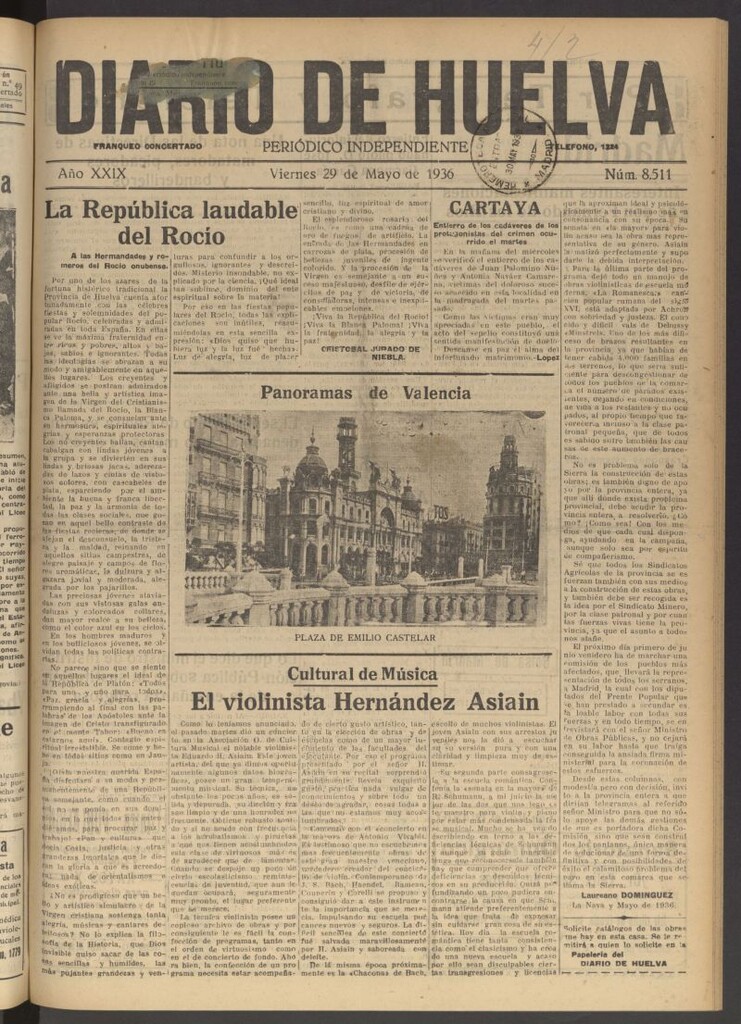 Miniatura de Diario de Huelva : periódico independiente del 29 de mayo de 1936