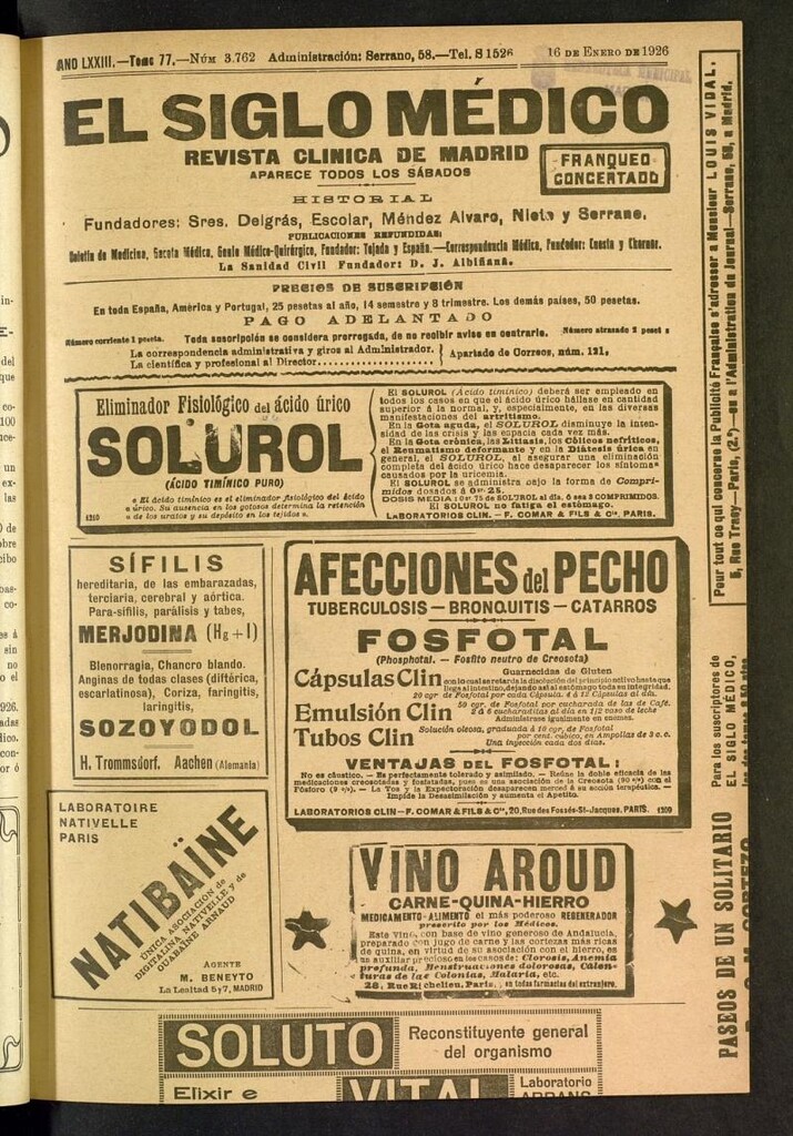 Miniatura de El Siglo Médico: boletín de medicina y gaceta médica del 16 de enero de 1926