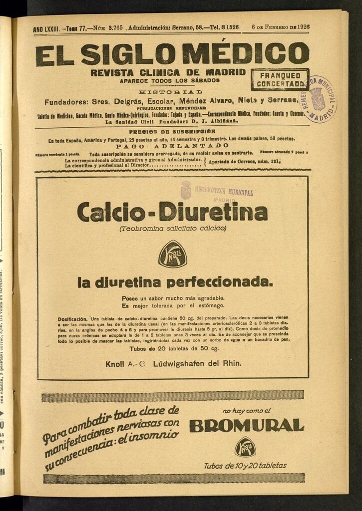 Miniatura de El Siglo Médico: boletín de medicina y gaceta médica del 6 de febrero de 1926