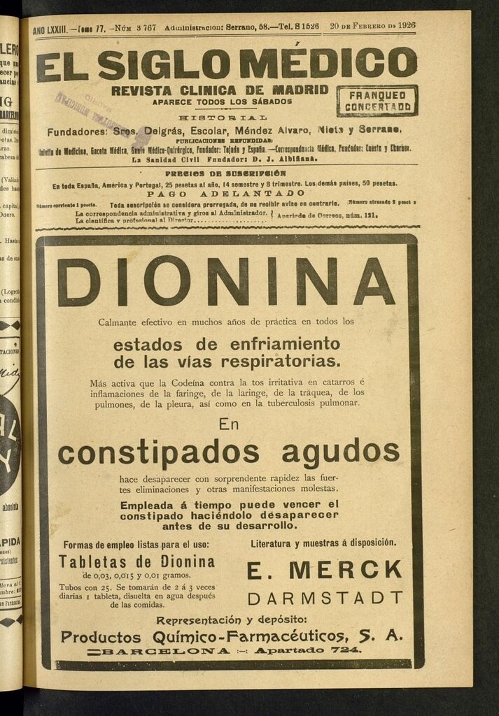 Miniatura de El Siglo Médico: boletín de medicina y gaceta médica del 20 de febrero de 1926