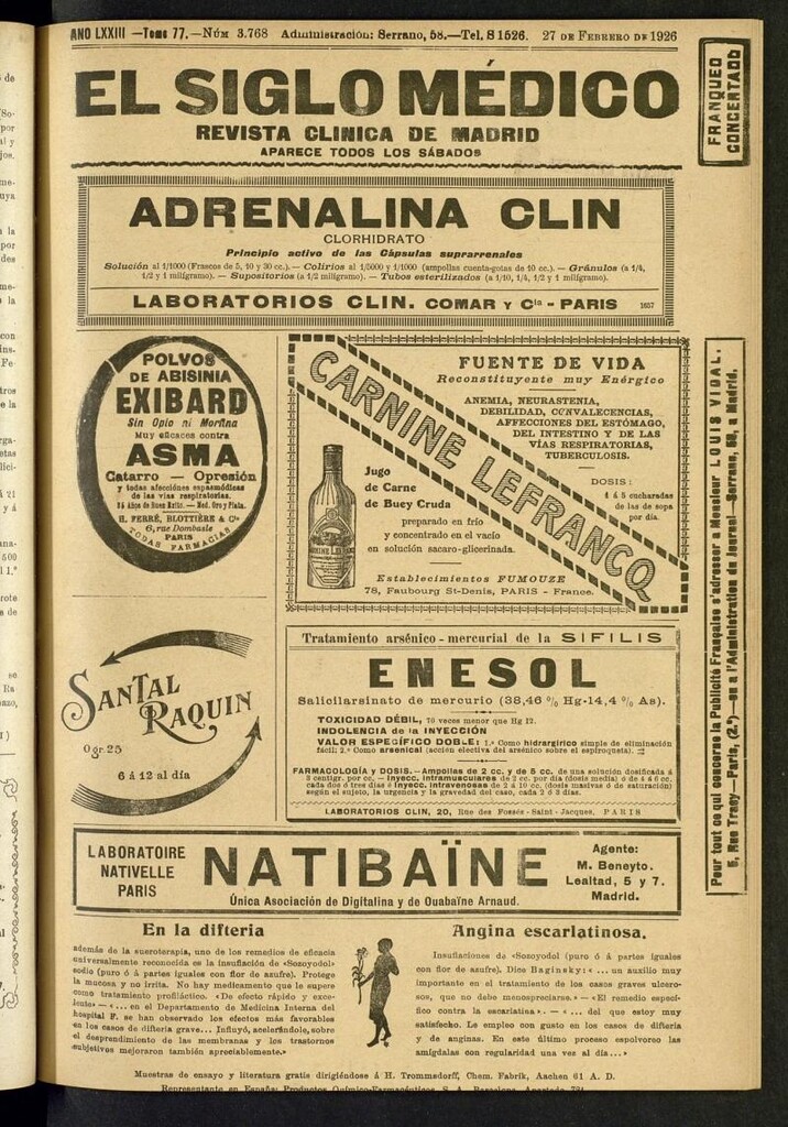 Miniatura de El Siglo Médico: boletín de medicina y gaceta médica del 27 de febrero de 1926