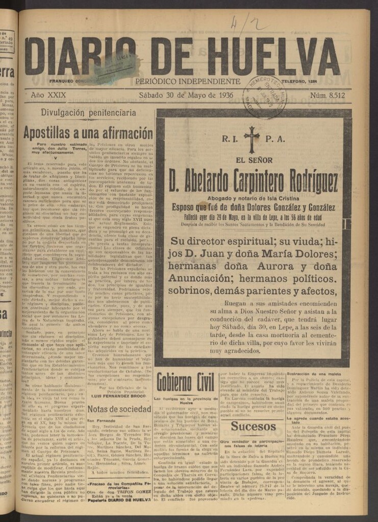 Miniatura de Diario de Huelva : periódico independiente del 30 de mayo de 1936