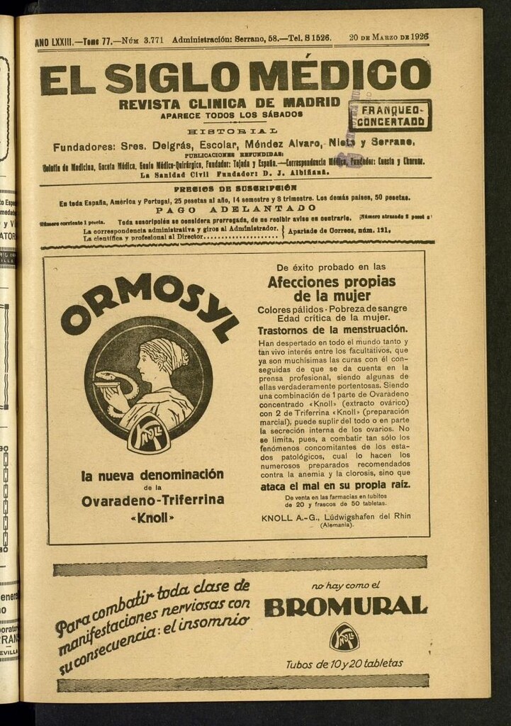 Miniatura de El Siglo Médico: boletín de medicina y gaceta médica del 20 de marzo de 1926
