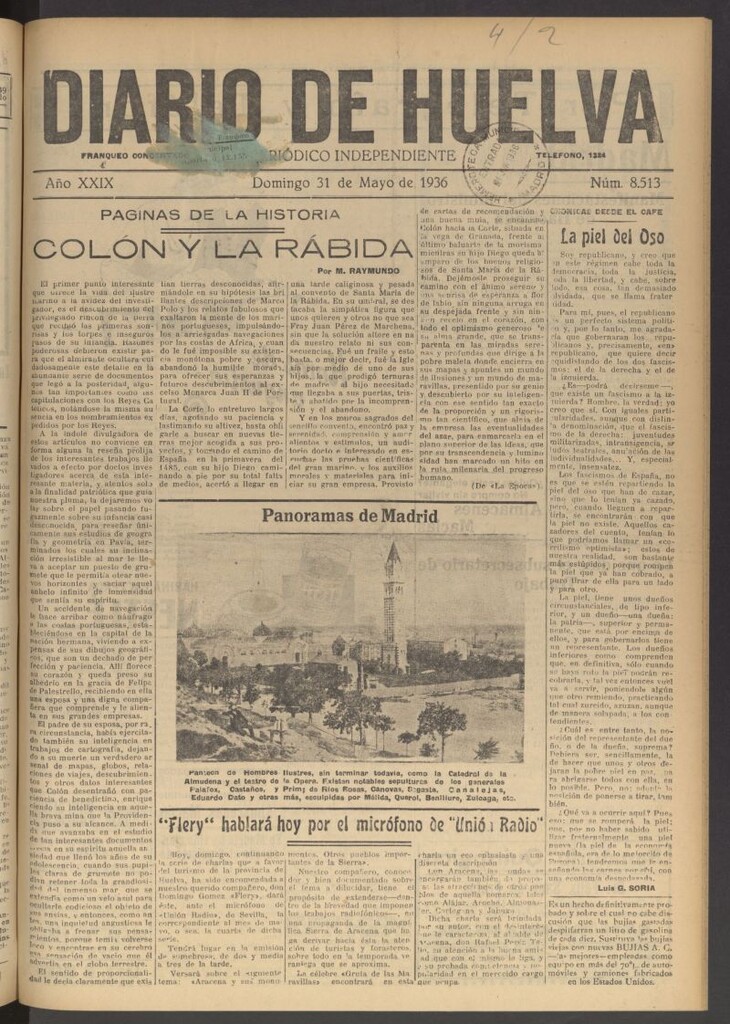 Miniatura de Diario de Huelva : periódico independiente del 31 de mayo de 1936