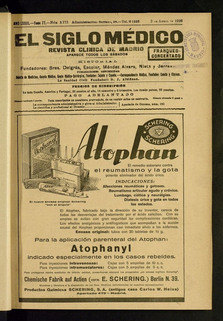 Miniatura de El Siglo Médico: boletín de medicina y gaceta médica del del 3 de abril de 1926