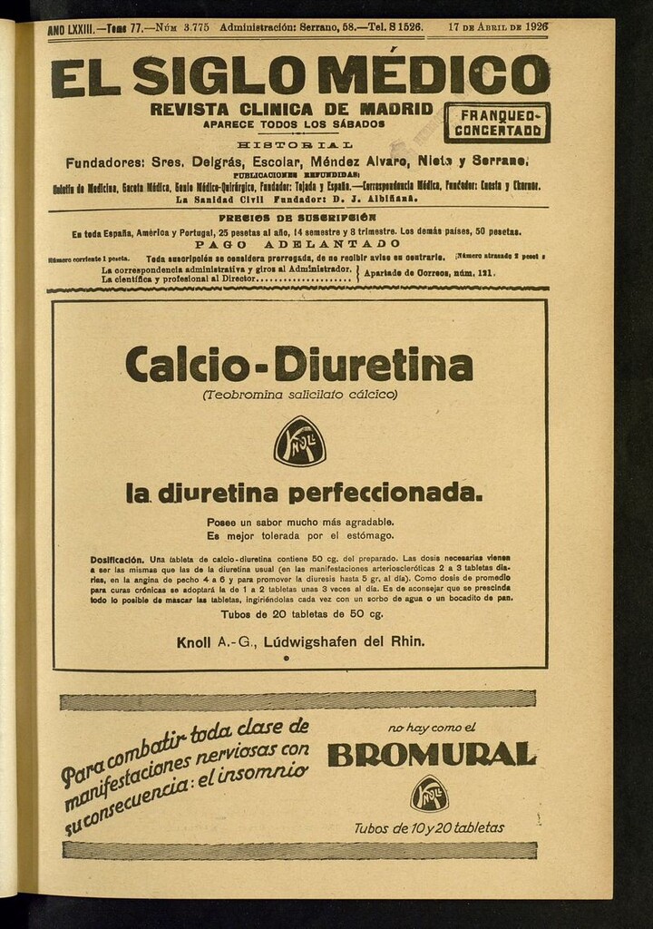 Miniatura de El Siglo Médico: boletín de medicina y gaceta médica del del 17 de abril de 1926