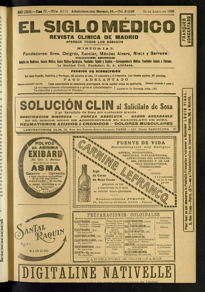 Miniatura de El Siglo Médico: boletín de medicina y gaceta médica del del 24 de abril de 1926