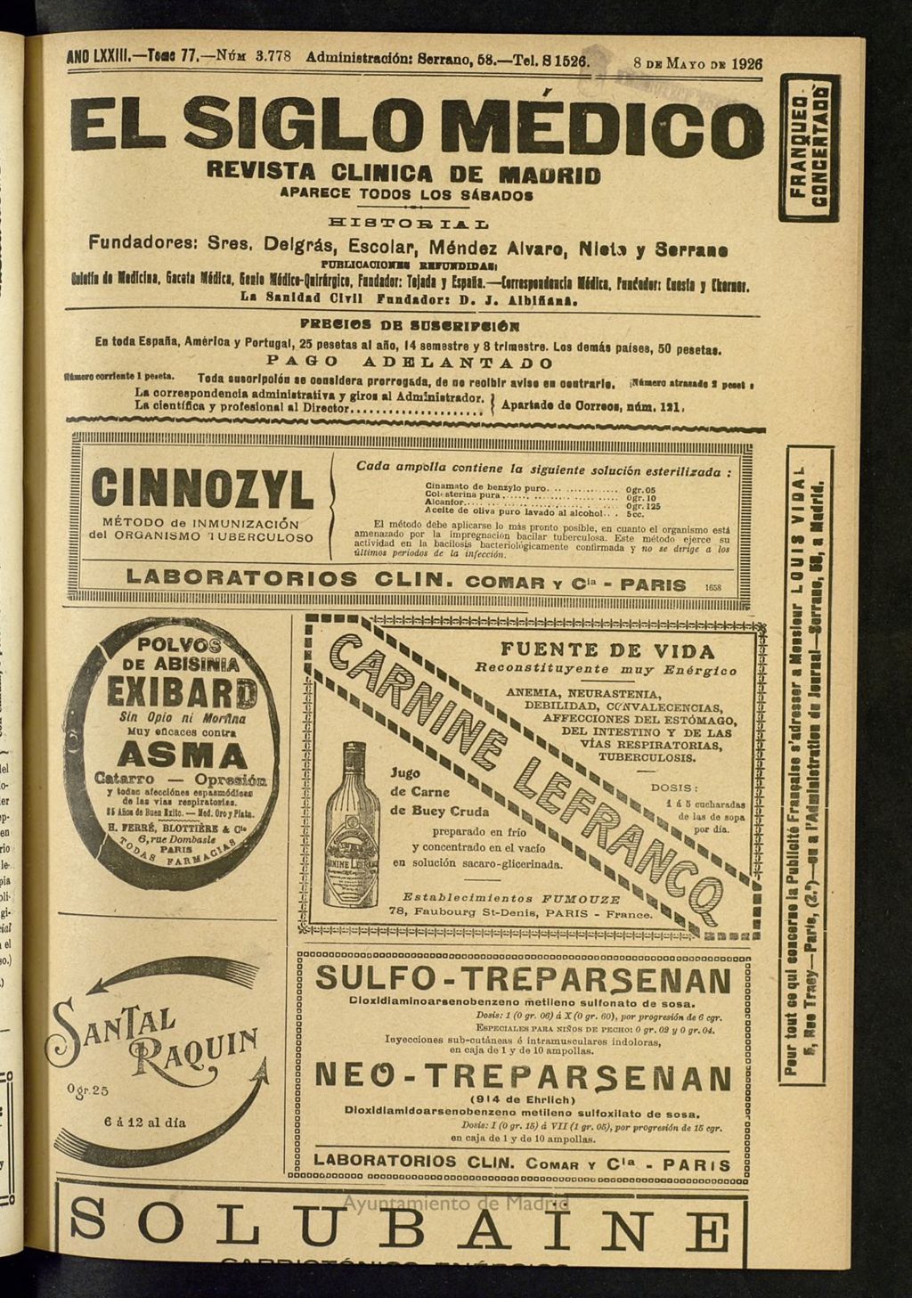 Miniatura de El Siglo Médico: boletín de medicina y gaceta médica del del 8 de mayo de 1926