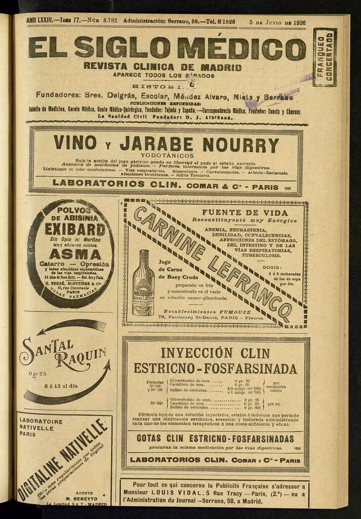 Miniatura de El Siglo Médico: boletín de medicina y gaceta médica del del 5 de junio de 1926