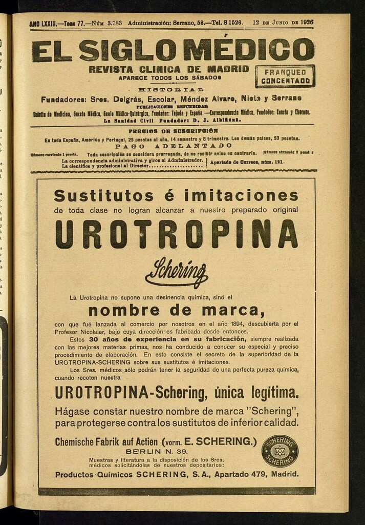 Miniatura de El Siglo Médico: boletín de medicina y gaceta médica del del 12 de junio de 1926