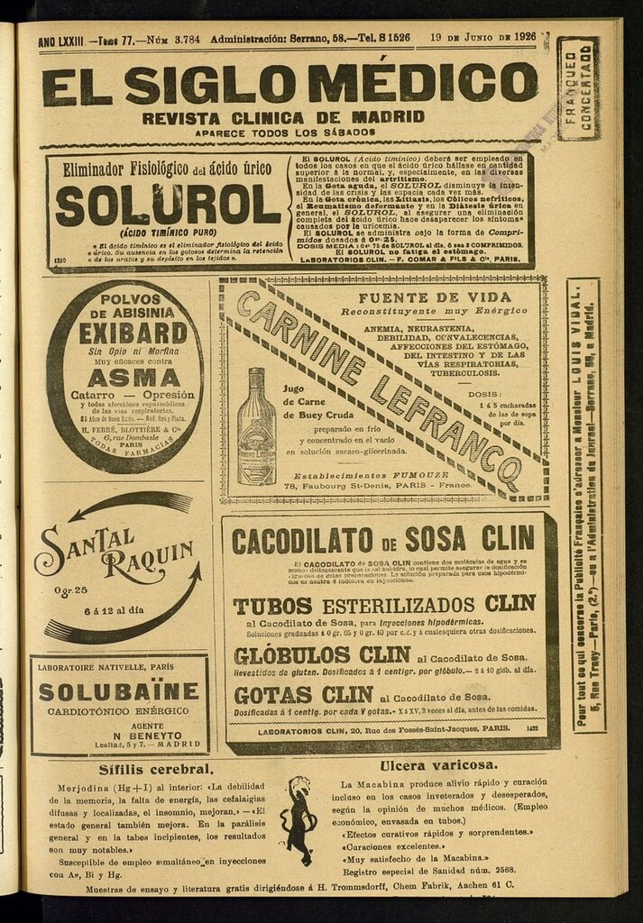 Miniatura de El Siglo Médico: boletín de medicina y gaceta médica del del 19 de junio de 1926