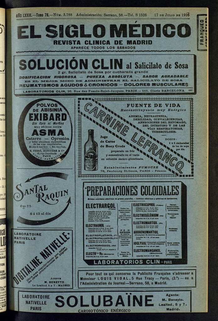 Miniatura de El Siglo Médico: boletín de medicina y gaceta médica del del 17 de julio de 1926