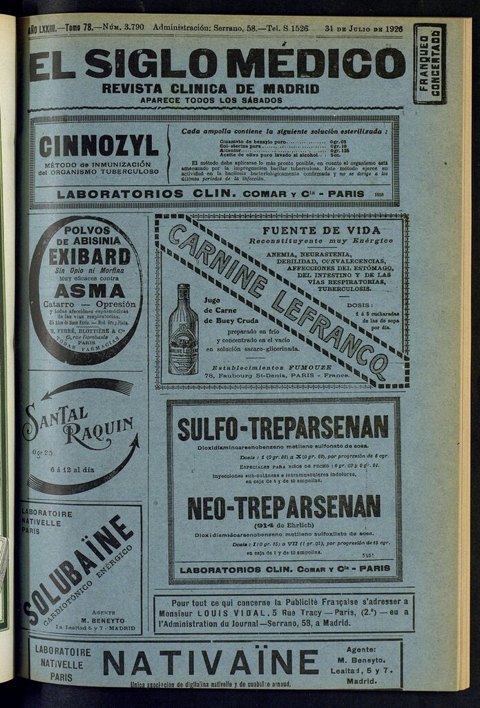Miniatura de El Siglo Médico: boletín de medicina y gaceta médica del del 31 de julio de 1926