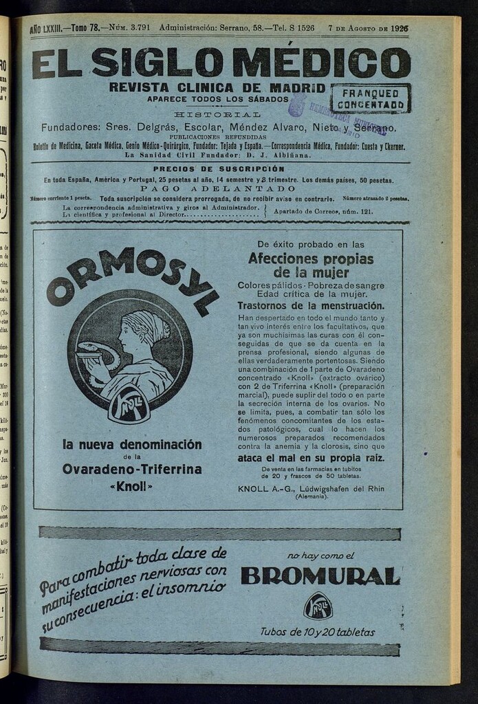 Miniatura de El Siglo Médico: boletín de medicina y gaceta médica del del 7 de agosto de 1926