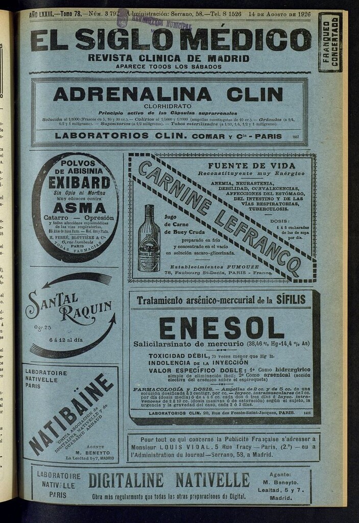 Miniatura de El Siglo Médico: boletín de medicina y gaceta médica del del 14 de agosto de 1926