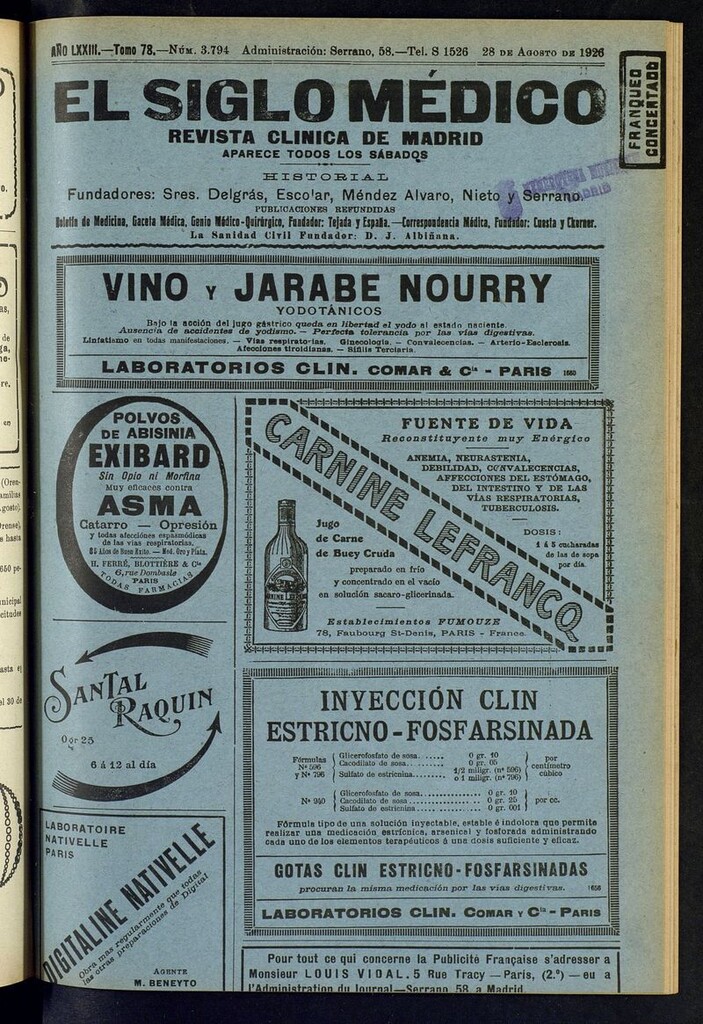 Miniatura de El Siglo Médico: boletín de medicina y gaceta médica del del 28 de agosto de 1926