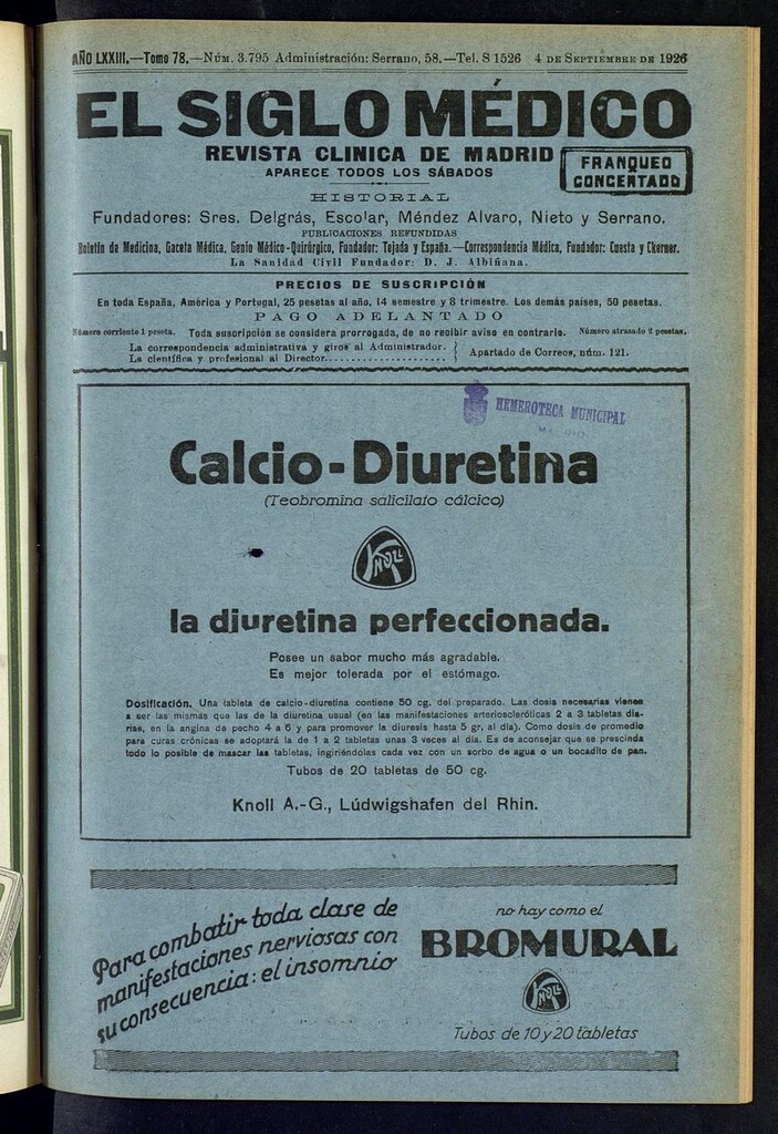 Miniatura de El Siglo Médico: boletín de medicina y gaceta médica del del 4 de septiembre de 1926