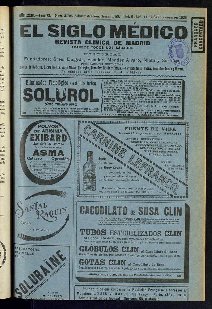 Miniatura de El Siglo Médico: boletín de medicina y gaceta médica del del 11 de septiembre de 1926