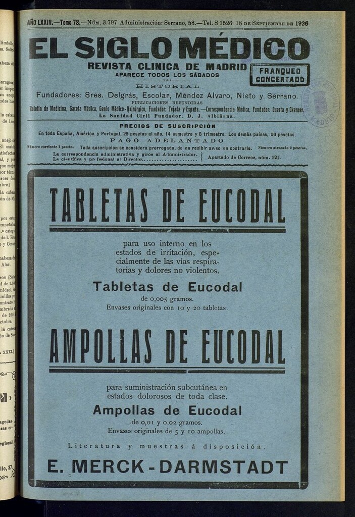 Miniatura de El Siglo Médico: boletín de medicina y gaceta médica del del 18 de septiembre de 1926