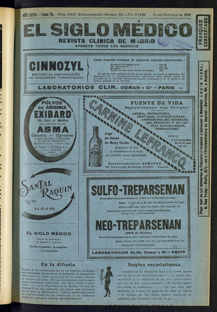 Miniatura de El Siglo Médico: boletín de medicina y gaceta médica del del 23 de octubre de 1926