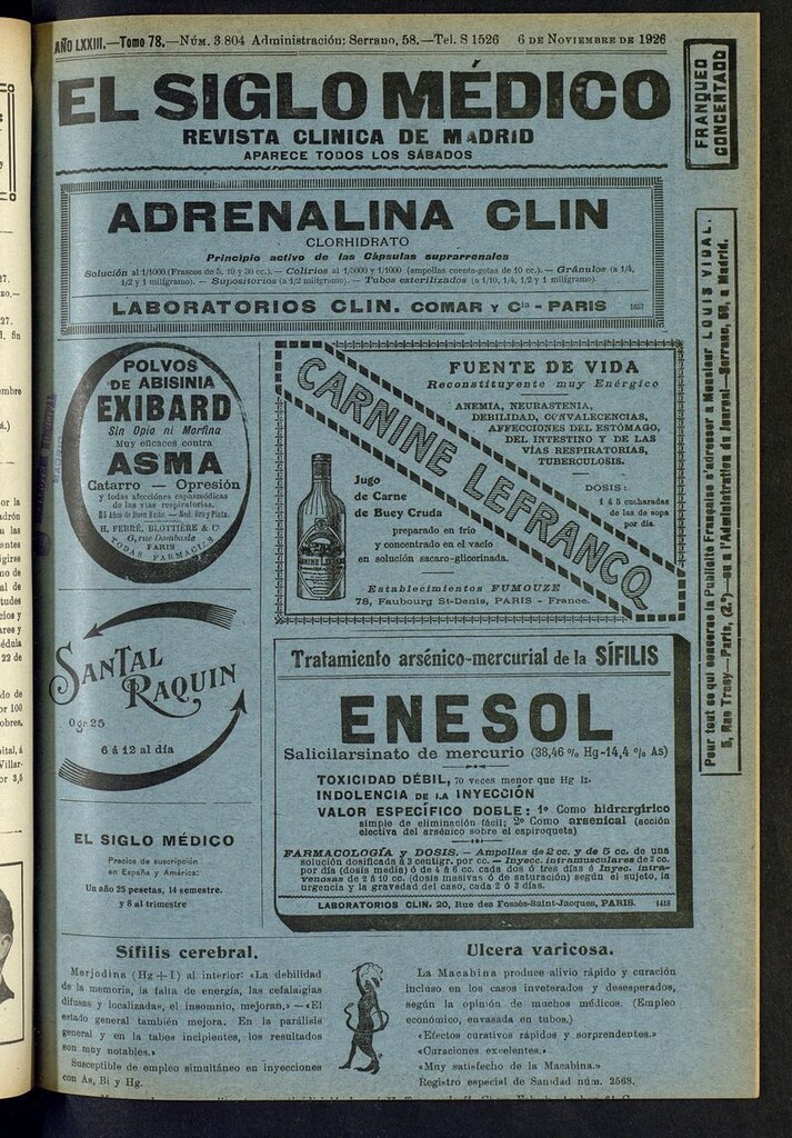 Miniatura de El Siglo Médico: boletín de medicina y gaceta médica del del 6 de noviembre de 1926