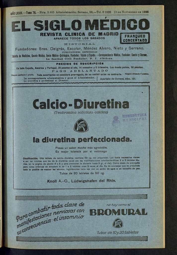 Miniatura de El Siglo Médico: boletín de medicina y gaceta médica del del 13 de noviembre de 1926