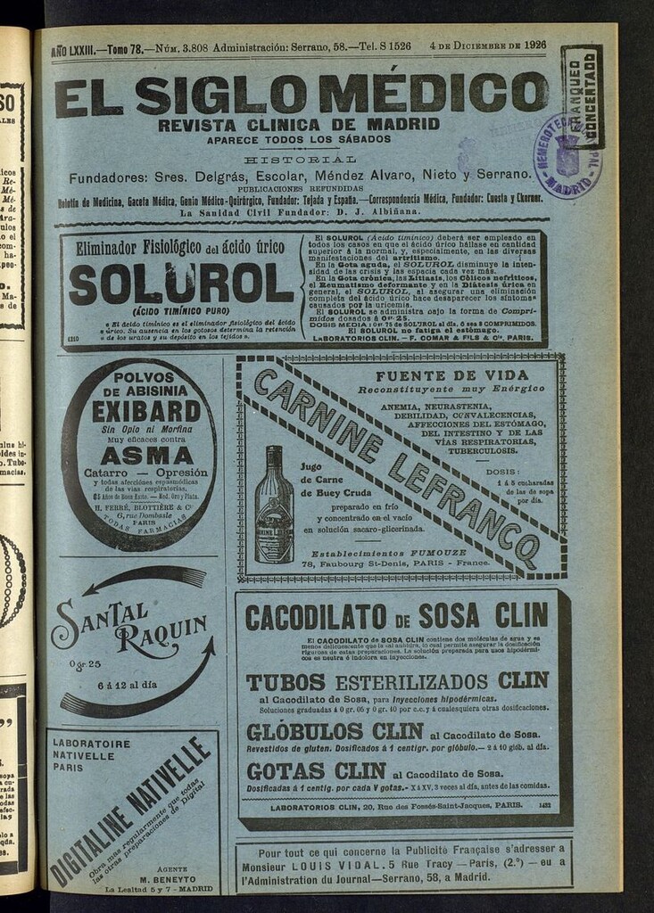 Miniatura de EL Siglo Médico: boletín de medicina y gaceta médica del 4 de diciembre de 1926