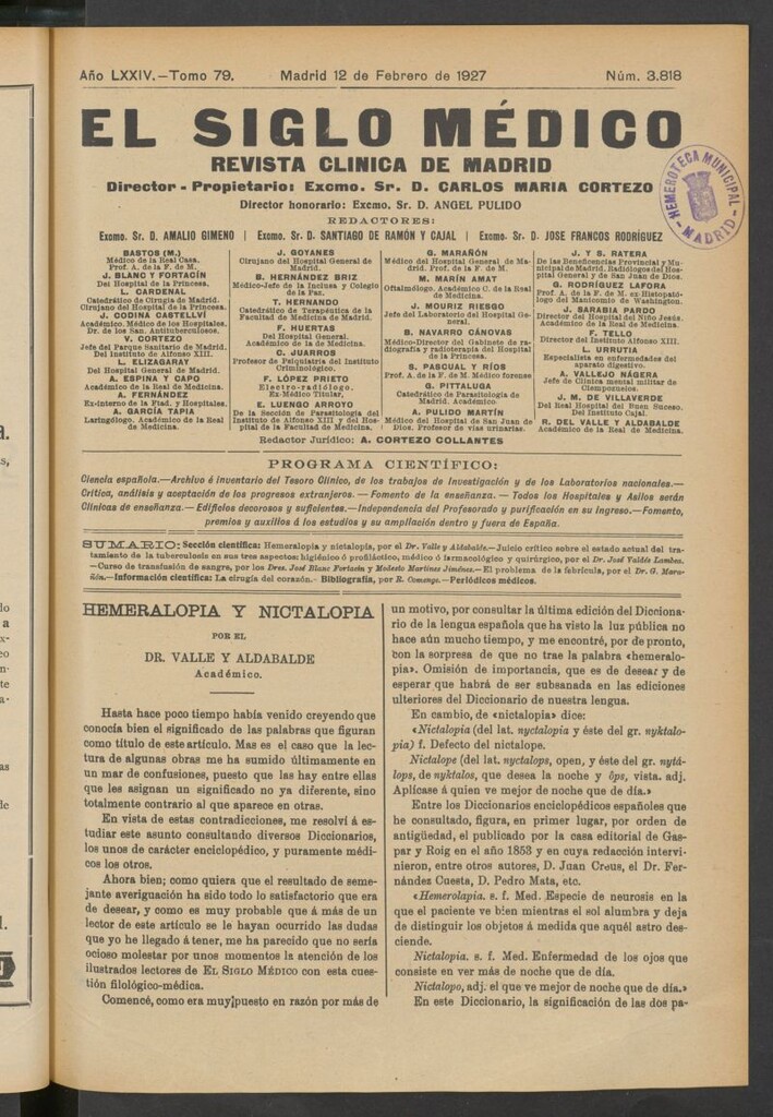 Miniatura de El Siglo Médico : boletín de medicina y gaceta médica del 12 de febrero de 1927