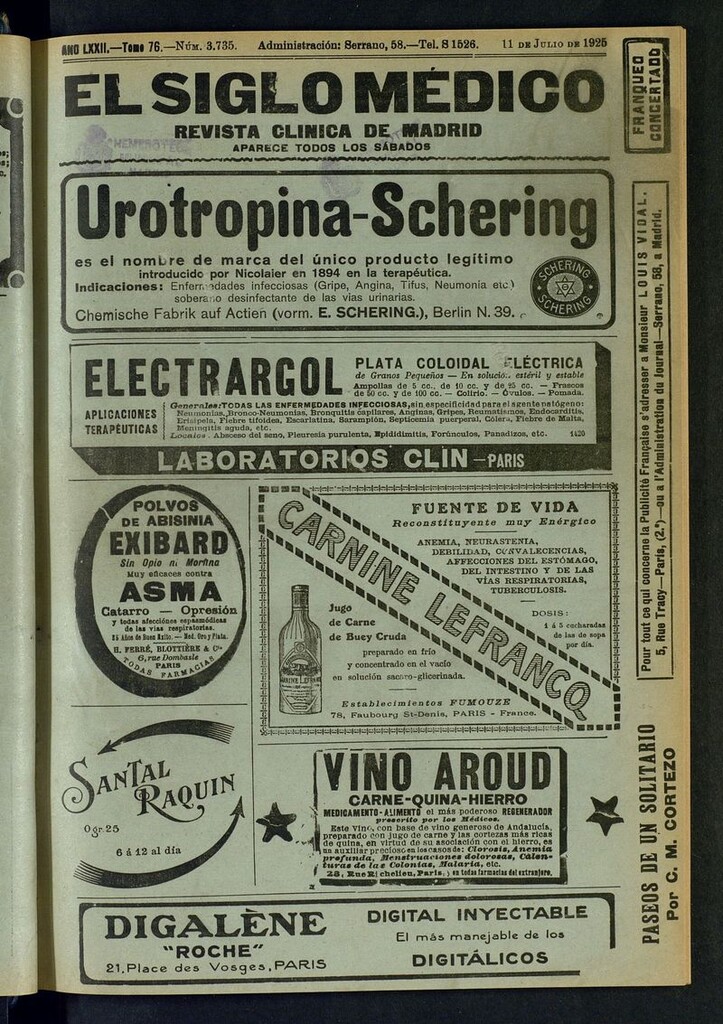 Miniatura de El Siglo Médico: boletín de medicina y gaceta médica del del 11 de julio de 1925