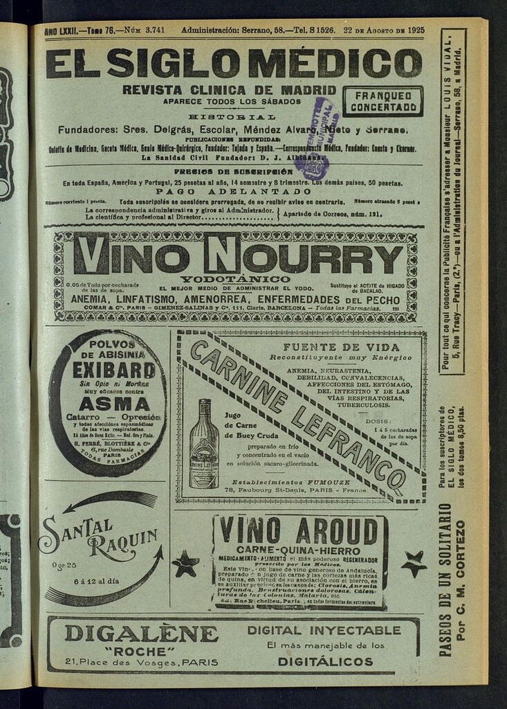 Miniatura de El Siglo Médico: boletín de medicina y gaceta médica del del 22 de agosto de 1925