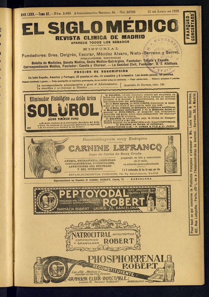 Miniatura de El Siglo Médico: boletín de medicina y gaceta médica del del 21 de abril de 1928