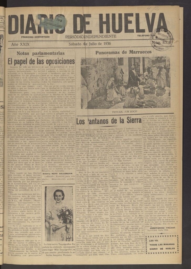 Miniatura de Diario de Huelva : periódico independiente del 4 de julio de 1936