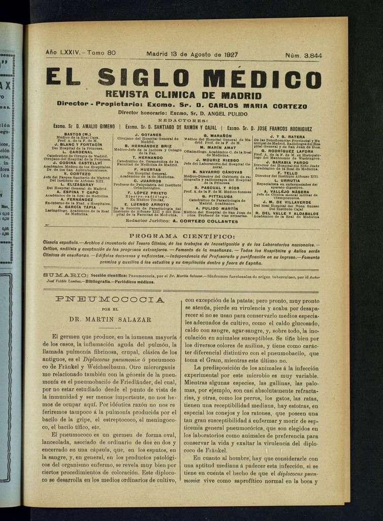 Miniatura de El Siglo Médico : boletín de medicina y gaceta médica del 13 de agosto de 1927