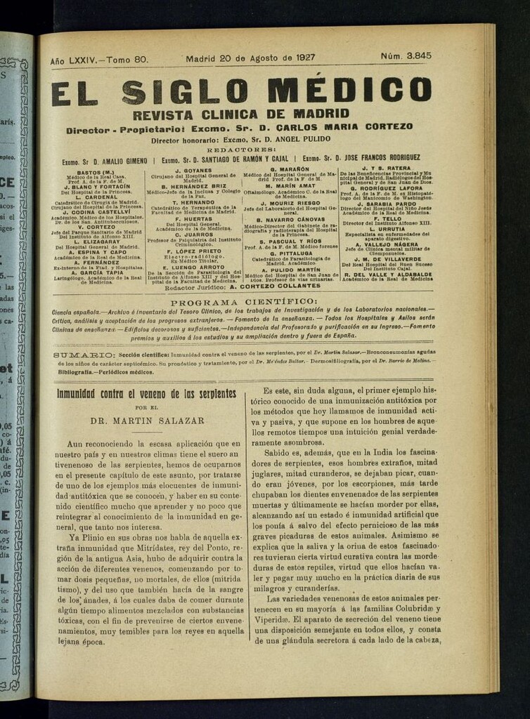Miniatura de El Siglo Médico : boletín de medicina y gaceta médica del 20 de agosto de 1927