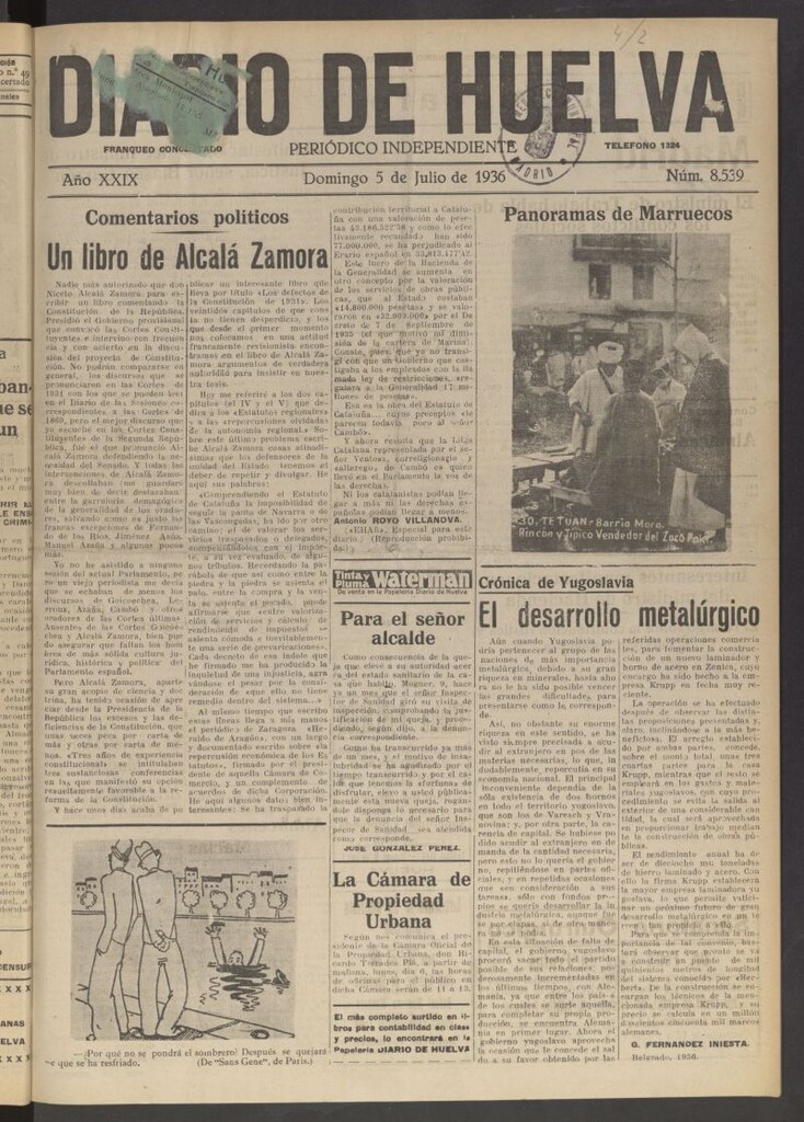 Miniatura de Diario de Huelva : periódico independiente del 5 de julio de 1936
