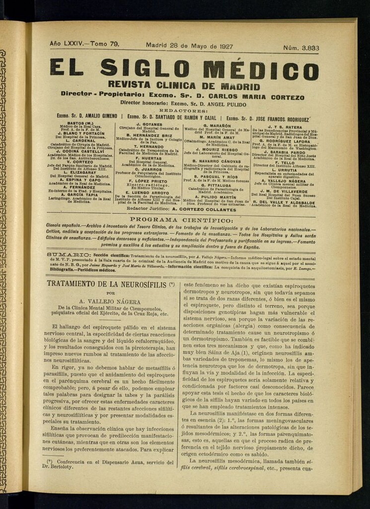Miniatura de El Siglo Médico : boletín de medicina y gaceta médica del 28 de mayo de 1927