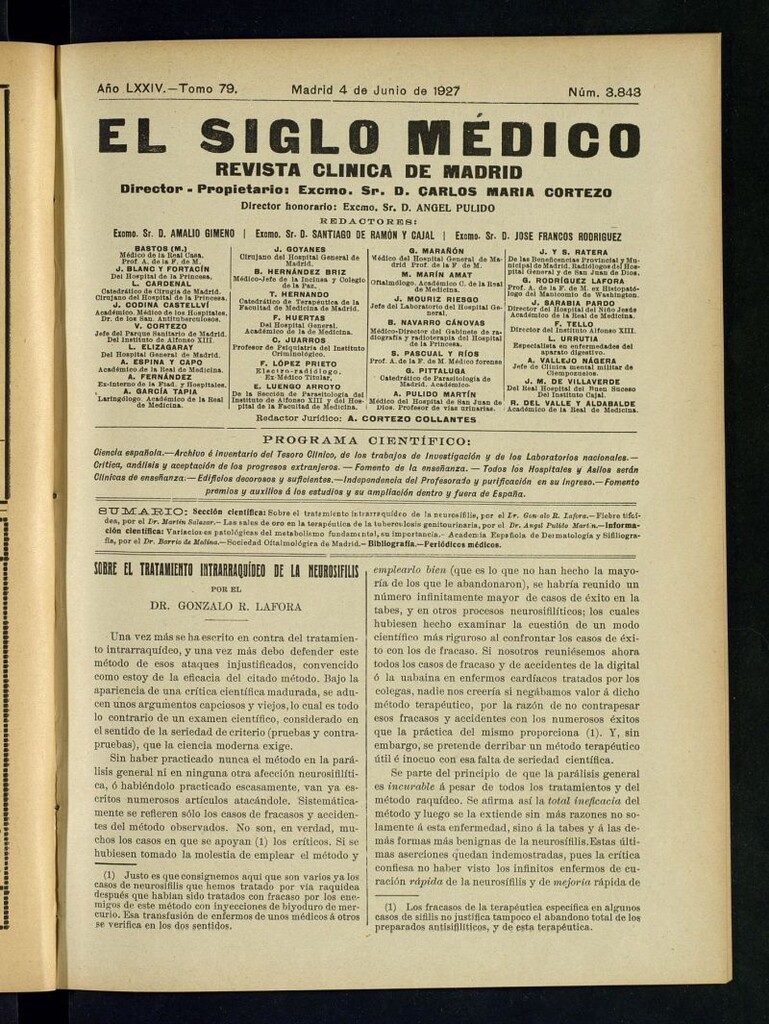 Miniatura de El Siglo Médico : boletín de medicina y gaceta médica del 4 de junio de 1927